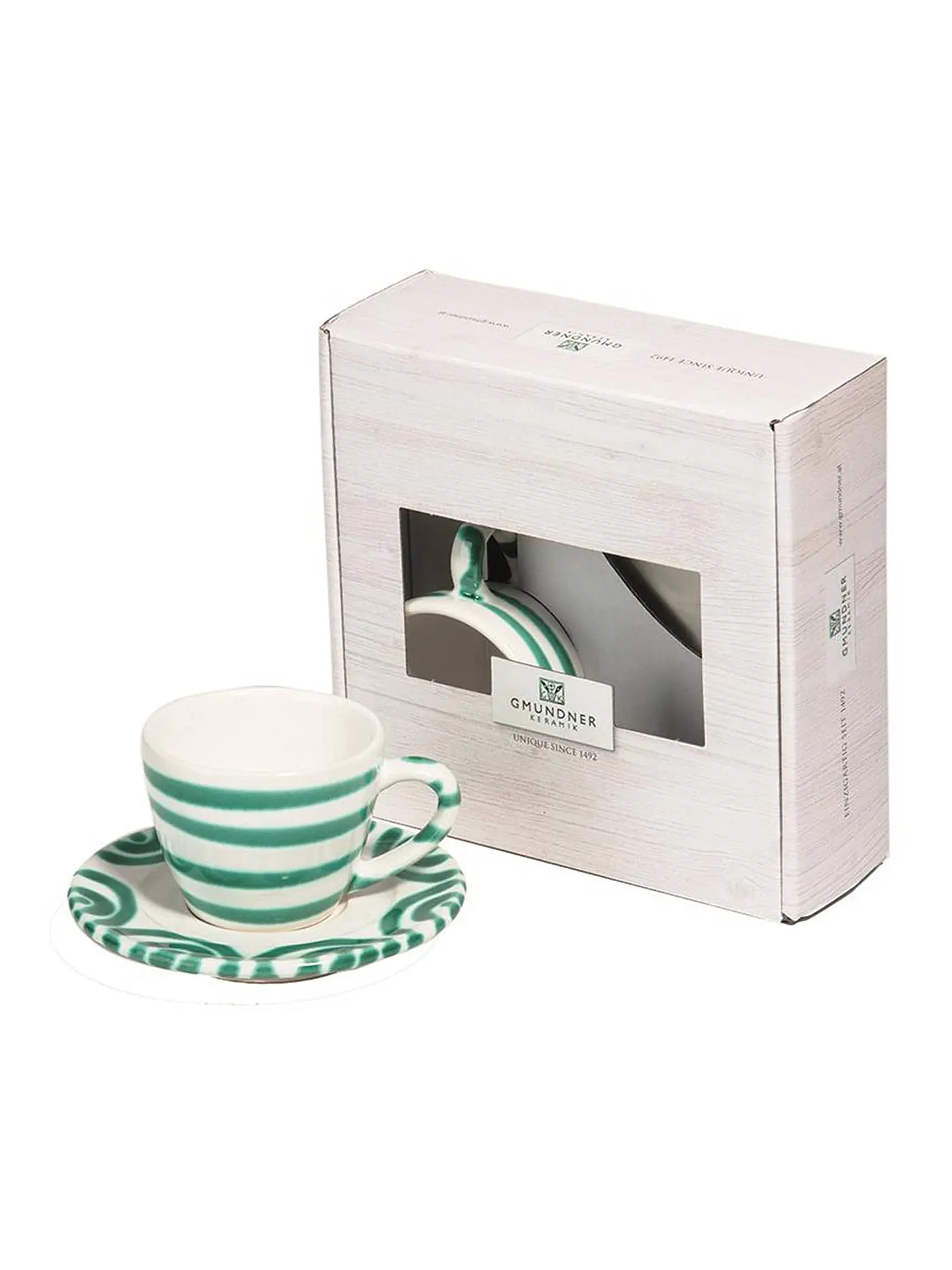 GMUNDNER KERAMIK | Tasse und Untertasse - Espresso for you Gourmet - 2-tlg. "Grün Geflammt" | 